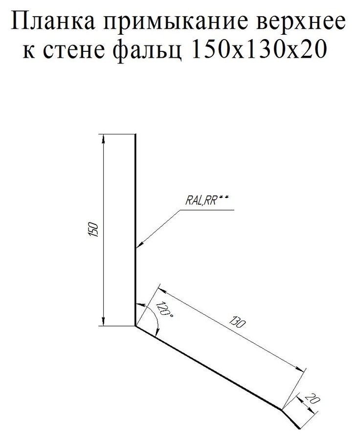 Чертёж планки: Планка примыкания верхнего к стене фальц 150×130×20 Grand Line