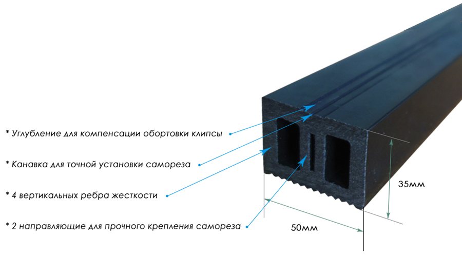 Чертёж профиля: Лага ТЕРРАПОЛ 4000х50х35 мм