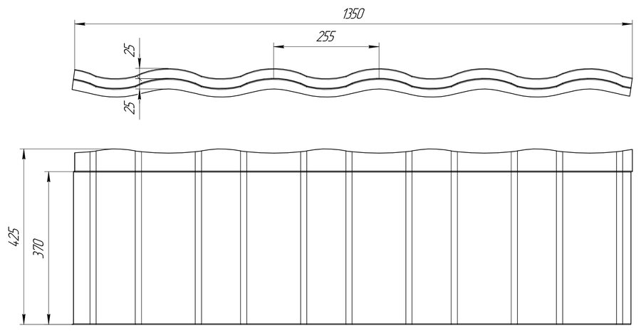 Чертёж профиля: Лист композитной черепицы 415x1350мм  Grand Line Roman